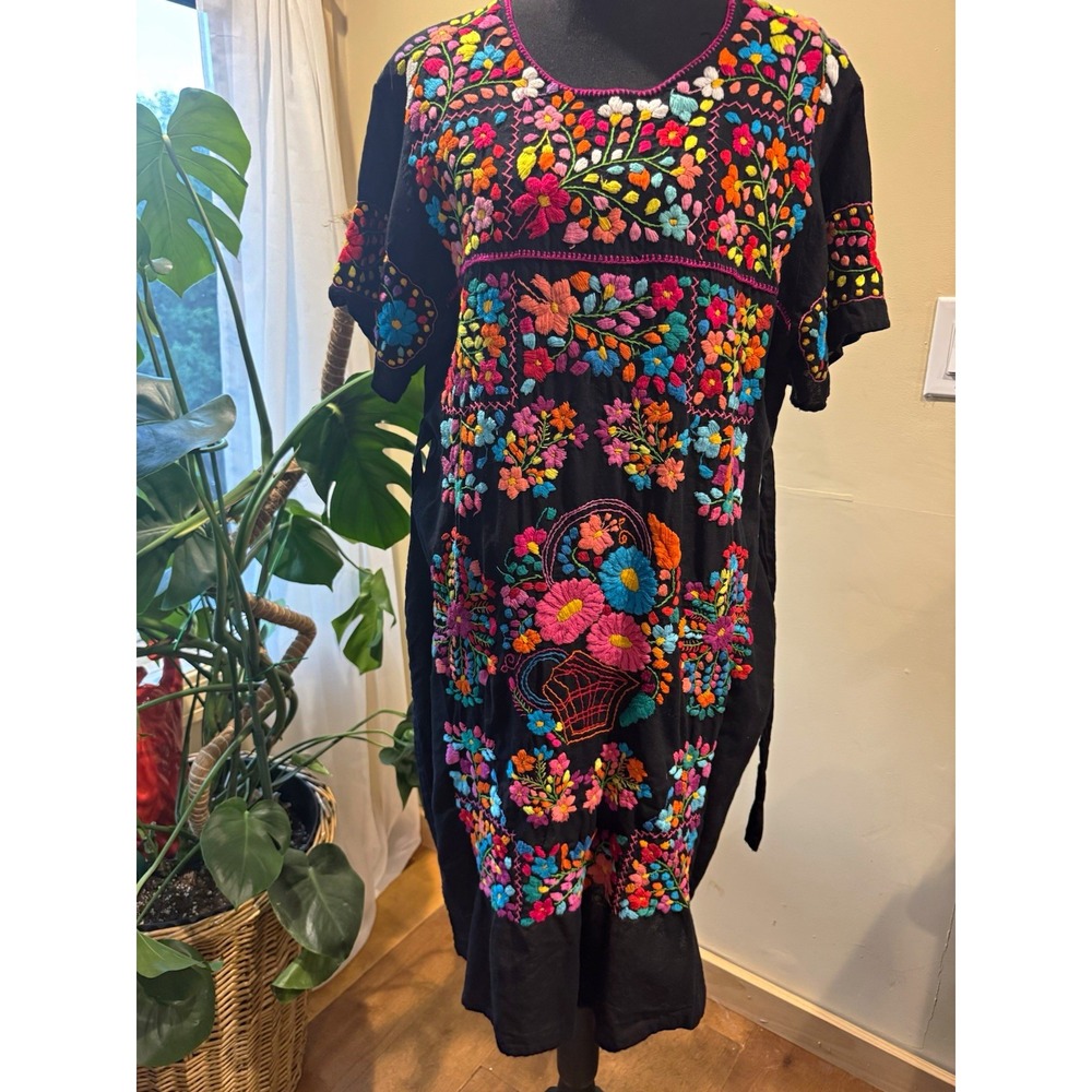 Sigrid Olsen Black Multicolor Floral Embroidered Shift Dress Tie In Back Boho
